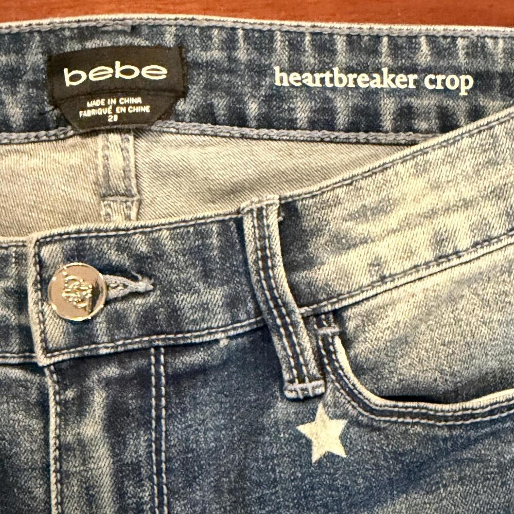 Bebe Heartbreaker Crop Stars Jeans Constellation Wash Embellished Rhinestone 28 - Picture 14 of 16